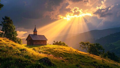 Sunbeam over Wooden Chapel on the Hill