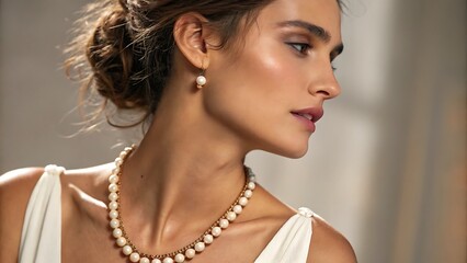 A beautiful woman wearing pearl jewelry and a white dress