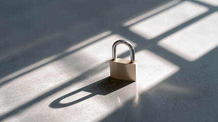 Naklejka premium Close-up of a metallic padlock casting a shadow on a smooth surface with geometric light patterns in a minimalistic setting