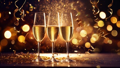 Festive Countdown To Midnight With Champagne Glasses Toasting Amidst Falling Confetti And Sparkling Lights Marking A Joyous New Beginning