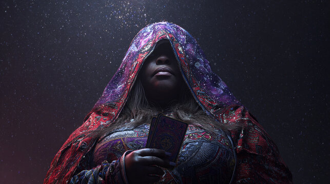 Witch wearing a purple & red hooded cape w/ a tarot-style star & planet print
