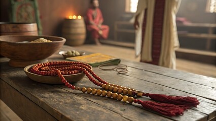 A serene Buddhist prayer beads setup on a wooden table indoors