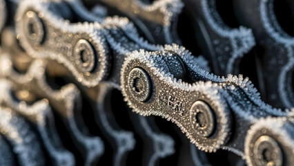 Detailed closeup of Icy bicycle chain, showcasing intricate metal links covered in frosty white ice crystals. Frozen chain mechanism illustrates resilience for cold winter conditions.