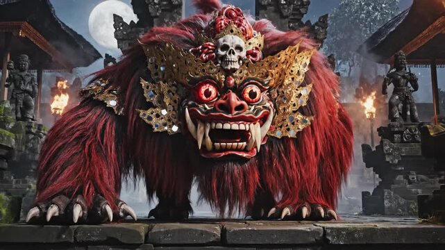 Ferocious red-furred guardian demon with skull crown, wide teeth, in a smoky temple courtyard. soon