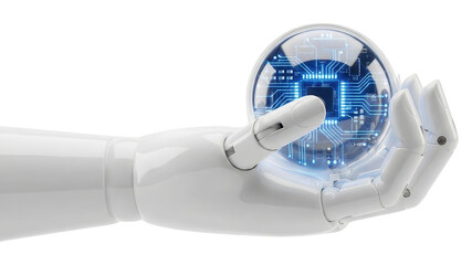 Artificial intelligence: White robotic hand holding glowing blue circuit chip sphere on white background, showcasing technology and innovation