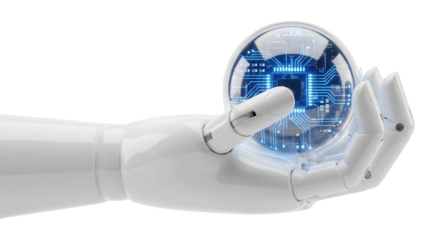 Artificial intelligence: White robotic hand holding glowing blue circuit chip sphere on white background, showcasing technology and innovation