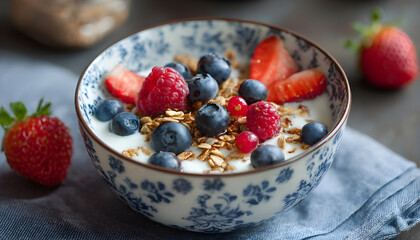 bowl of muesli with fresh berries fruits