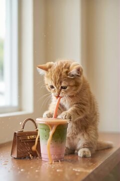 luffy Orange Kitten On A Caf&eacute; Counter, Curiously Sipping A Colorful Iced Drink Through A Straw, Then Comically Shoving Its Whole Head Into The Cup So The Drink Tips Over