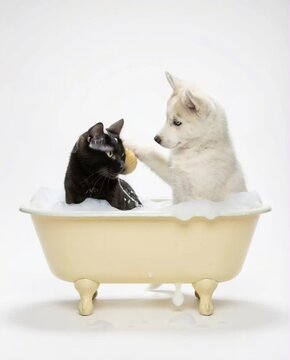 Fluffy White Puppy Gently Bathing A Grumpy Black Cat Together In A Small Vintage Clawfoot Tub Overflowing With Bubbles, The Cat&rsquo;S Expression Growing More Annoyed Until It Splashes Back