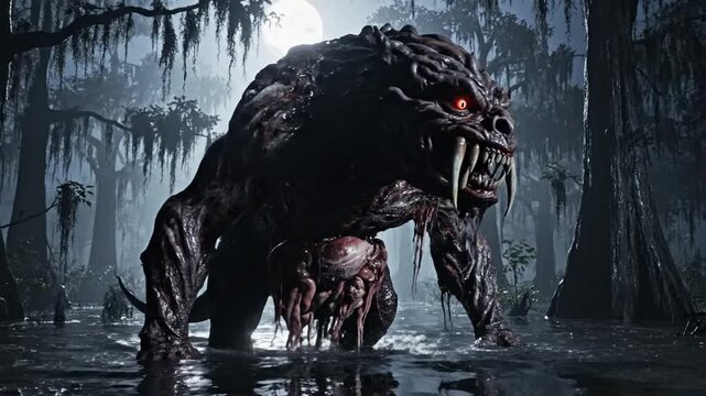 A hulking monstrous beast stalks a misty swamp, red eye blazing, snarling jaws under shadows night!!