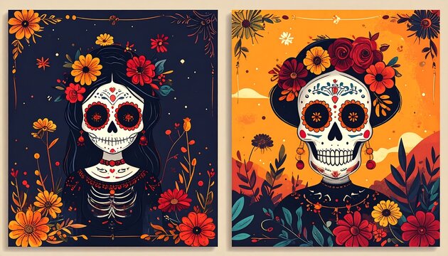 Two vibrant square illustrations of Day of the Dead Catrinas. Each features a skull face with floral headwear and intricate details