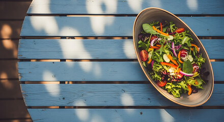 Vibrant salad on blue wooden table