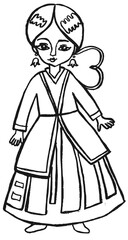 Fototapeta premium Hand-drawn girl in traditional folk costume, vectorized pencil sketch of an ethnic doll character.Quirky minimalist folk girl illustration, handmade line art of a woman in national dress.