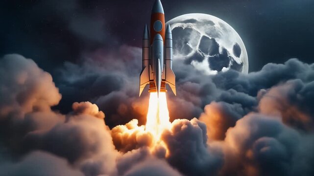 Powerful space rocket launching through storm clouds with fiery exhaust lighting dramatic sky