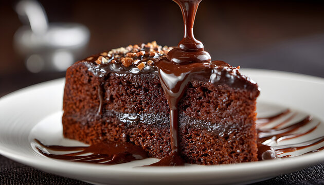 Decadent Chocolate Cake Slice Being Drizzled with Rich Chocolate Ganache for a Heavenly Indulgence perfect for bakery products and dessert culinary