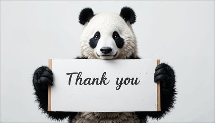 Panda holding a card with Thank you written in cursive.