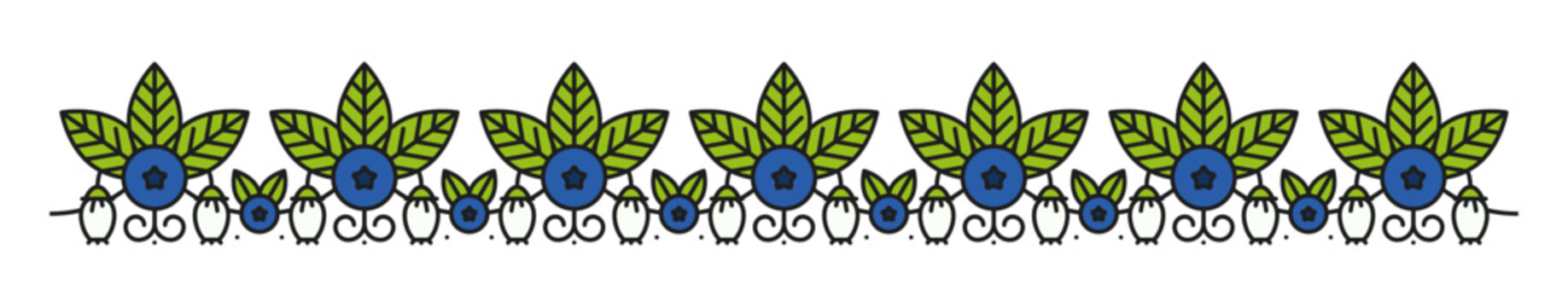 Farm blueberry plant leaves line divider or border. Wild plant lineart frame border, farm fruit linear vector separator line. Forest blueberry thin line underline spacer or garden berry divider