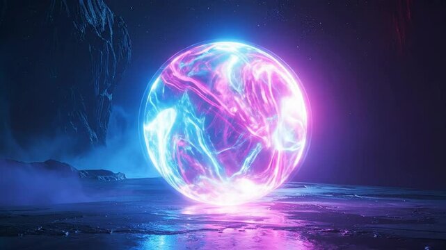 Abstract glowing sphere with swirling energy, set against a dark, y landscape.
