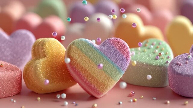 Vibrant heart-shaped candle decorations in various pastel colors and a rainbow pattern, ideal for adding a festive atmosphere to celebrations. scattered beads enhance the lively and joyful setting, pe