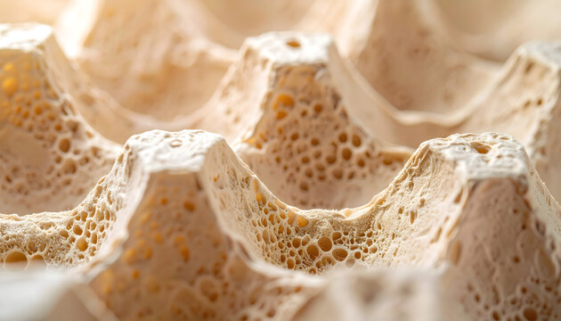 Close up texture of biodegradable mycelium mushroom packaging material, eco-friendly sustainable shipping container background.