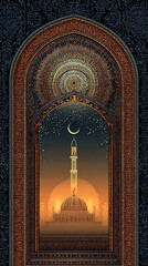 Ornate Islamic mosque with green domes and minarets in intricate patterns at dusk from a distant viewpoint