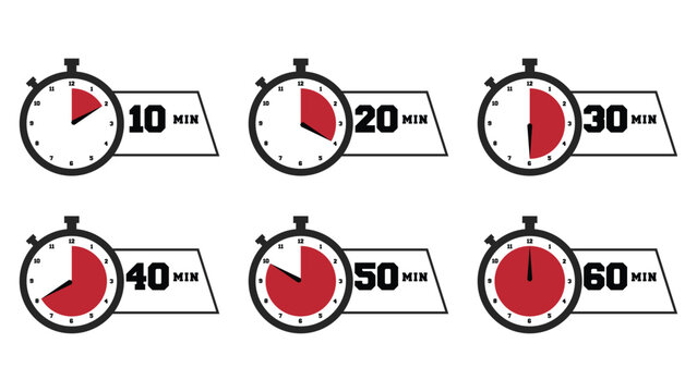 Set of six stopwatch icons with red progress rings indicating 10, 20, 30, 40, 50, and 60 minutes. Simple, clean design for time management and countdowns.