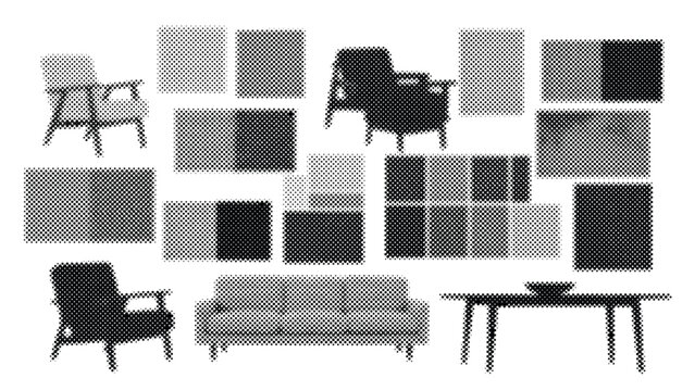 Halftone illustration of furniture and various rectangles on white background