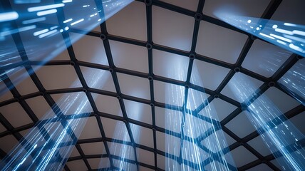 Modern architectural glass ceiling with grid pattern and blue light reflections creates a sleek office atmosphere and futuristic ambiance in a contemporary building interior space.