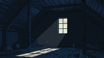 Dark and dusty abandoned attic room showing light beams streaming through a small window and illuminating the old wooden floor boards. © Maja