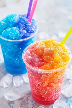 Two frozen slush drinks in plastic cups. Blue and multi colored icy beverages for summer refreshment