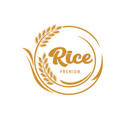 Paddy rice ear icon, premium organic product sign. Cereal growth farmer market vector emblem, natural cereal products shop or store symbol. Quality rice organic farm sign with rice ear and typography