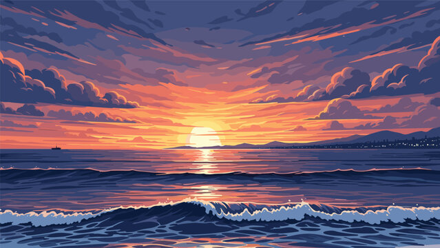 Vibrant sunset over the ocean waves with dramatic clouds in a colorful sky casting a warm glow on the sea water during dusk.