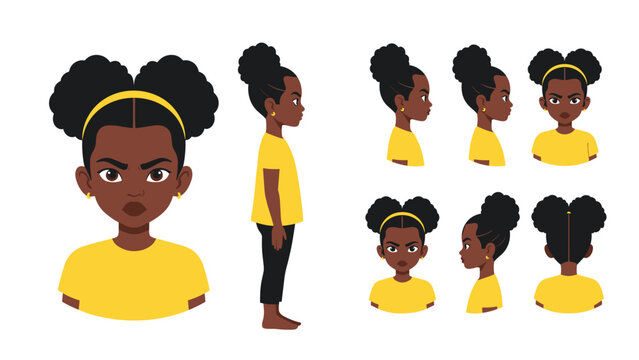 Character design sheet for a young girl with dark skin and puffy buns showing front, side, and back views with different outfits.