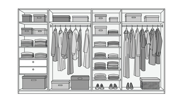 Systematic walk-in closet organization illustration showing various clothes hanging and neatly stacked on shelves with storage boxes.