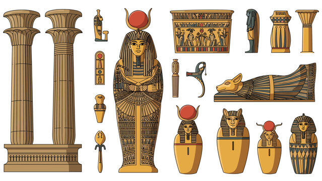 Detailed collection of ancient egyptian artifacts including columns, a pharaoh sarcophagus, canopic jars, and symbolic statues.