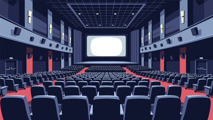 Fototapeta premium Interior view of a large empty movie theater with many rows of blue seats facing a wide blank cinema screen in the dark.