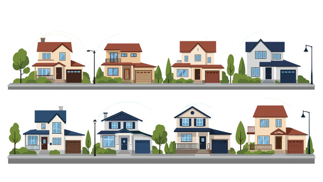 Set of diverse modern suburban residential houses with different architectural styles garages and small gardens.