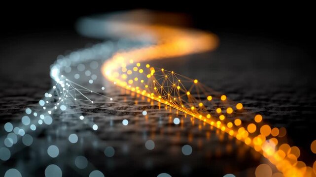 Futuristic digital pathway featuring intertwined streams of glowing orange and white lights against a dark background. dotted lines and abstract patterns create a dynamic sense of motion, ideal for te