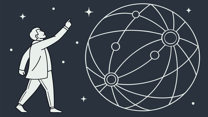 Man interacting with quantum communication network diagram in space with stars
