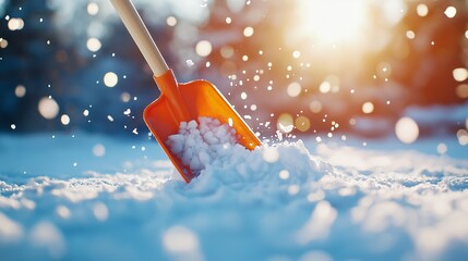 An orange shovel clearing fresh snow on a sunny winter day. Outdoor chore of shoveling snow after a snowfall. Cold weather activity concept