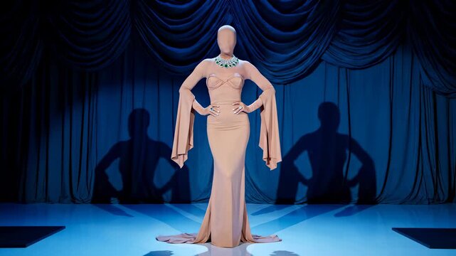 A wide, theatrical shot of a surreal and mysterious figure standing alone on a stage. The figure, completely encased from head to toe in a seamless, nude-colored fabric, is posed powerfully with hands