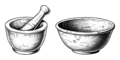 Mortar and pestle vector illustration with ceramic bowl in traditional woodcut sketch art