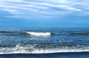 Fototapeta premium Panoramic Long Exposure of a Rocky Coastline and Blue Sea A high-angle long exposure photograph of a rocky coastline, where the turquoise sea meets the horizon in a soft, misty blur. 