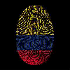 Colombia flag vector illustration in fingerprint shape. National Colombian flag as a symbol of patriotism, identity and pride on black background.
