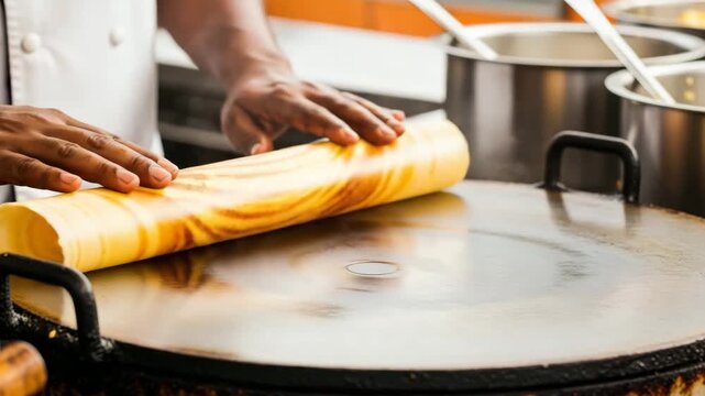 Chef rolling crepe on hot griddle in kitchen