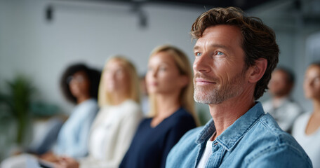 Focused middle-aged man attentively listening during a diverse group seminar or workshop in a modern setting