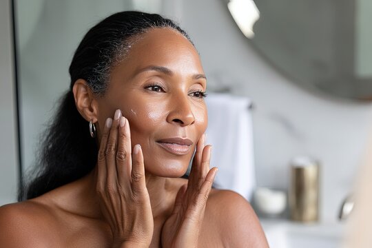 40 year old African American woman applying moisturizer to her face. Skin beauty and elasticity after 40. A woman embraces her beauty, applying moisturizer to keep her skin youthful and elastic.