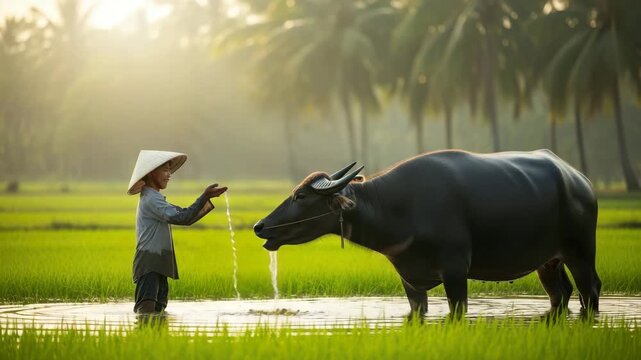 Farmer feeding water buffalo in a serene rice paddy field