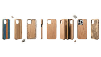 Various Wooden Phone Cases Isolated on White Background