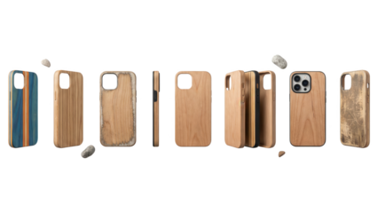 Various Wooden Phone Cases Isolated on White Background
